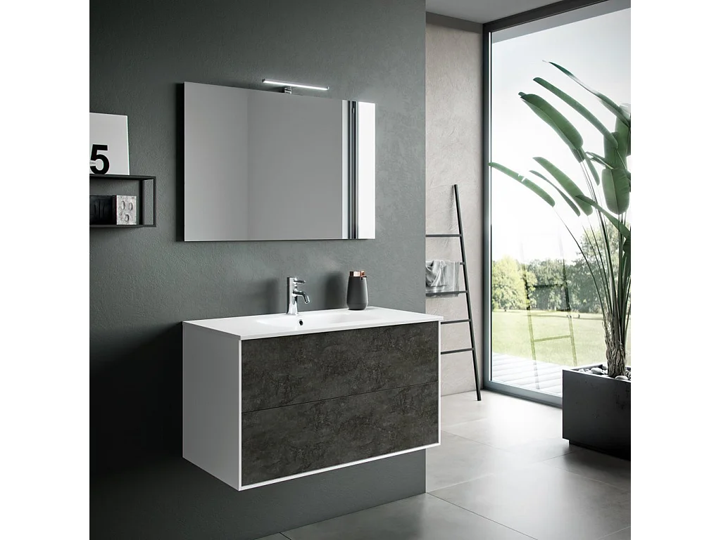 Ensemble meuble de salle de bain 2 tiroirs laqué blanc et gris oxyde et miroir à LED Oga L 90cm