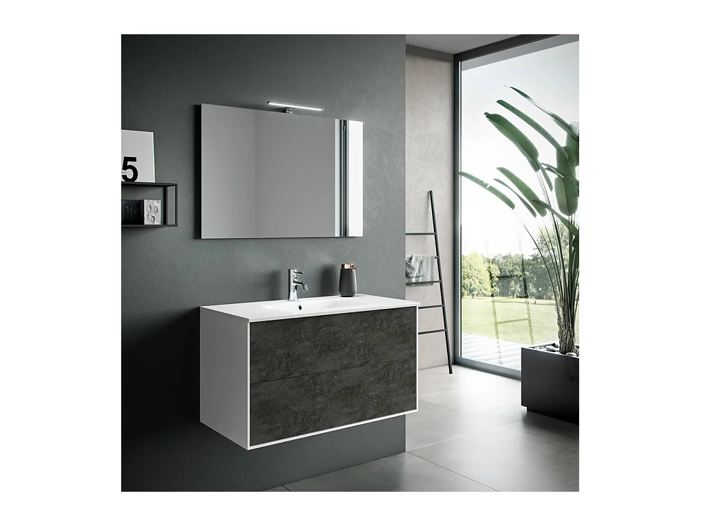 Ensemble meuble de salle de bain 2 tiroirs laqué blanc et gris oxyde et miroir à LED Oga L 90cm