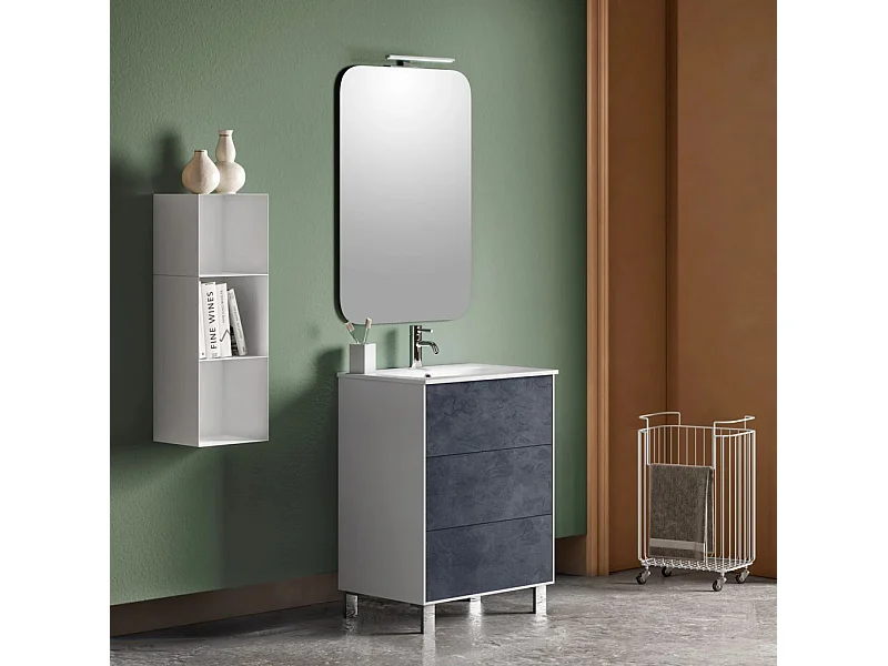 Ensemble meuble de salle de bain 3 tiroirs laqué blanc et bleu gris et miroir lumineux Lago L 60cm