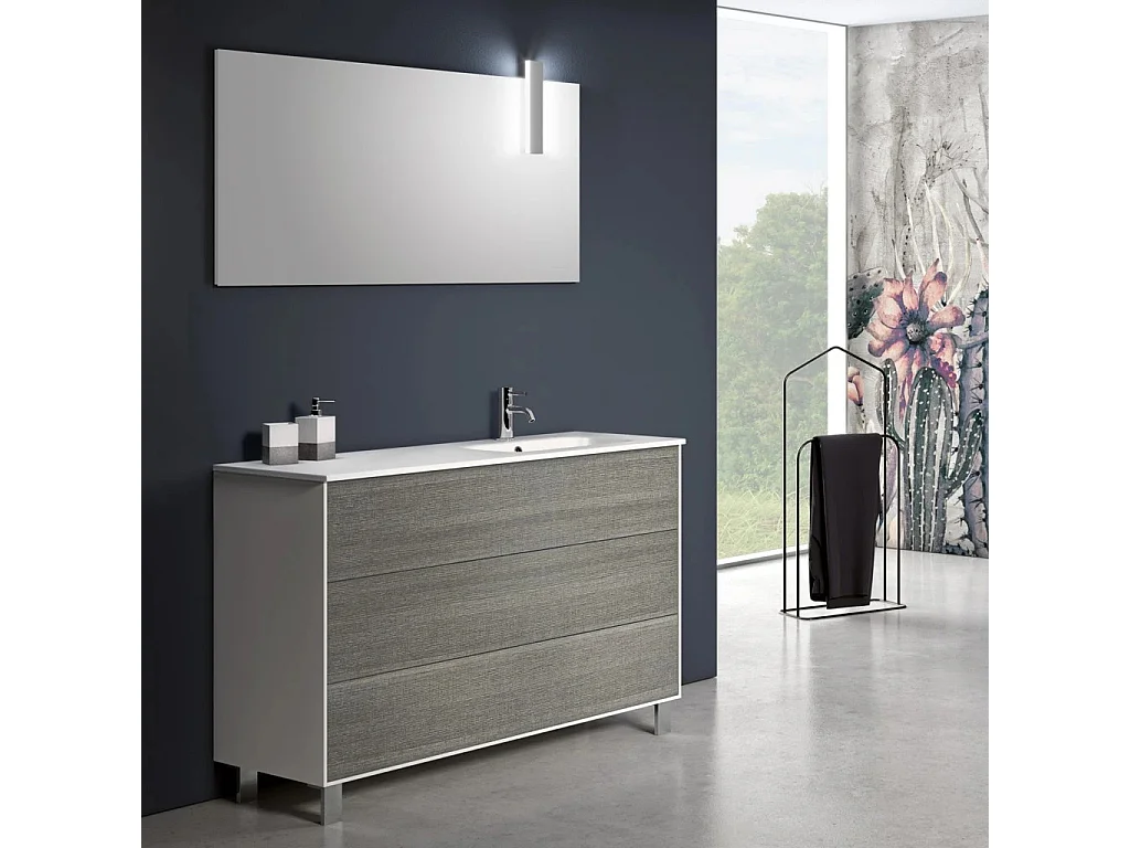 Ensemble meuble de salle de bain 3 tiroirs blanc et gris et miroir à LED Lago L 120cm