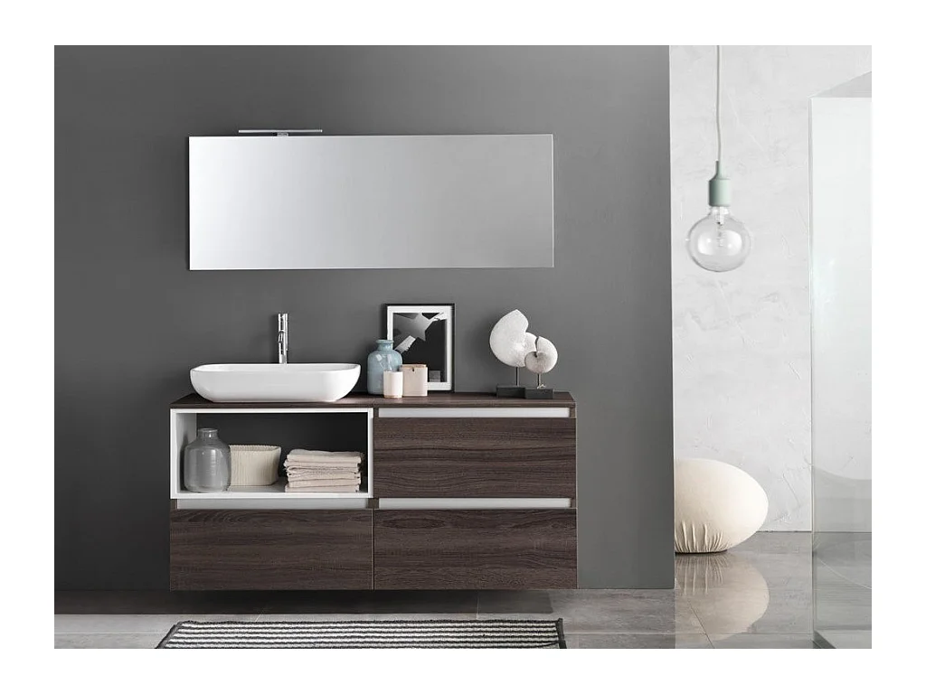 Ensemble meuble de salle de bain 3 tiroirs bois foncé et miroir à LED Teph L 140cm