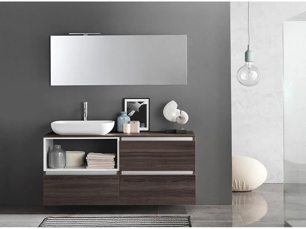 Ensemble meuble de salle de bain 3 tiroirs bois foncé et miroir à LED Teph L 140cm
