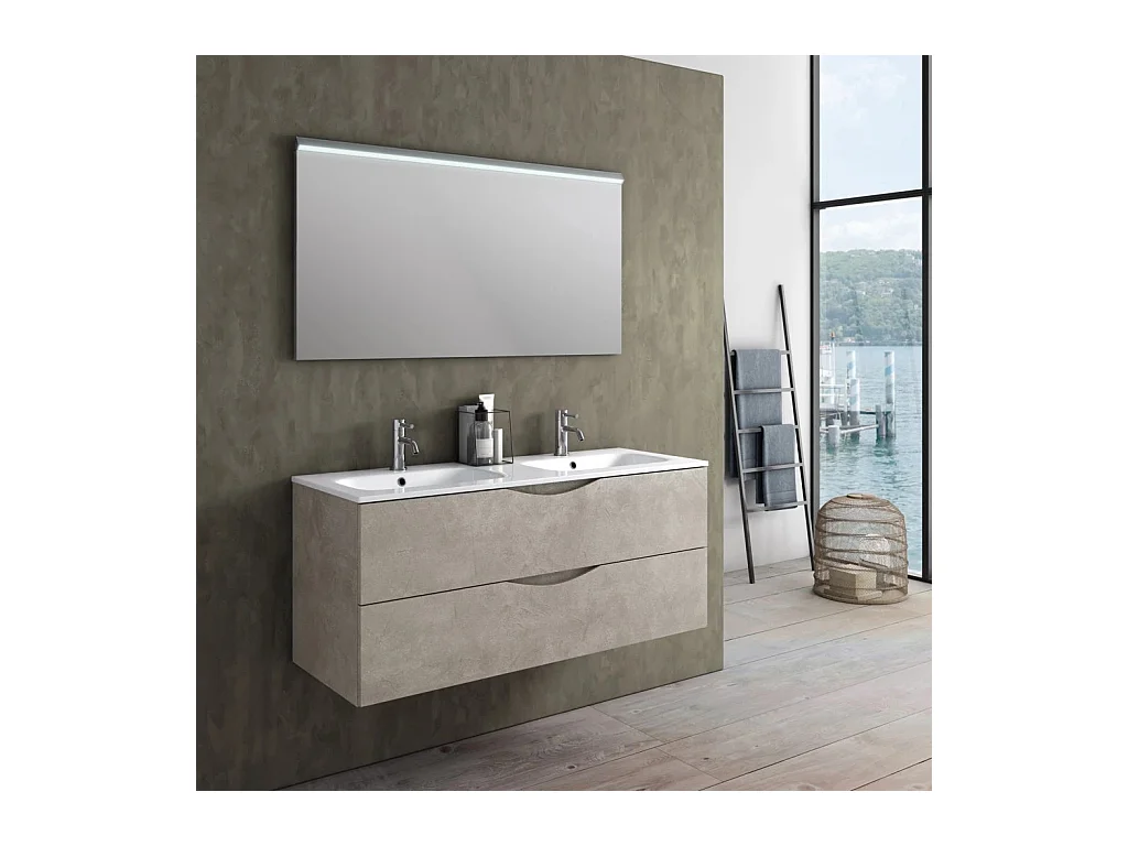 Ensemble meuble de salle de bain 2 tiroirs taupe double vasque et miroir lumineux Olo L 120cm