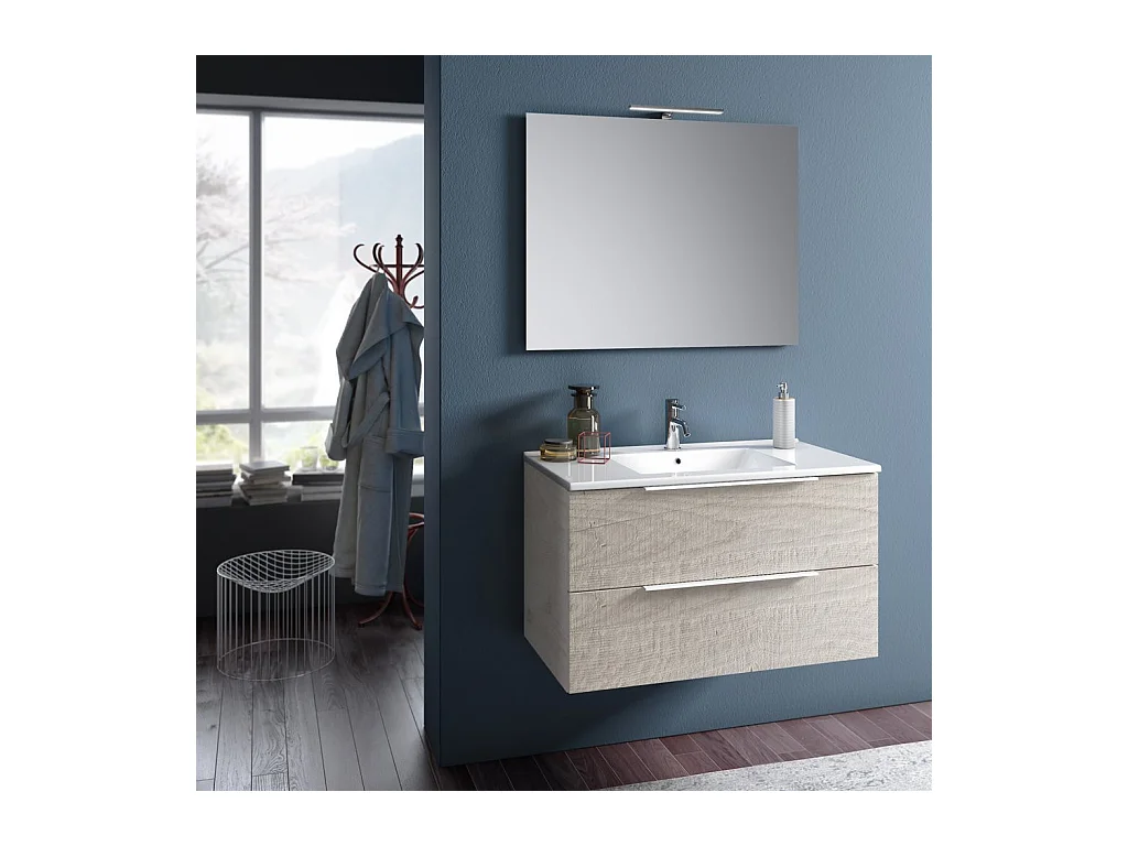 Ensemble meuble de salle de bain 2 tiroirs gris clair et miroir à LED Mola L 90cm