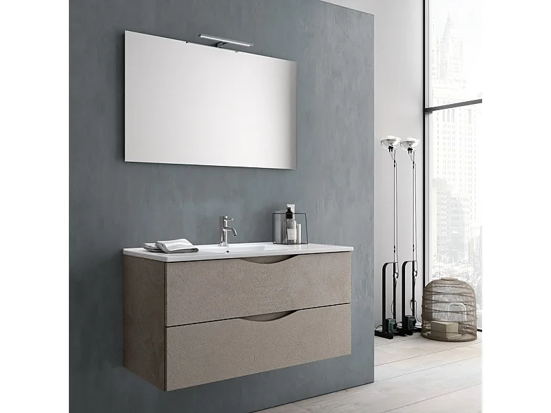 Ensemble meuble de salle de bain 2 tiroirs taupe effet pierre et miroir à LED Olo L 100cm