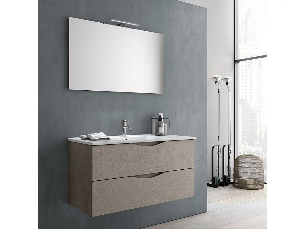 Ensemble meuble de salle de bain 2 tiroirs taupe effet pierre et miroir à LED Olo L 100cm