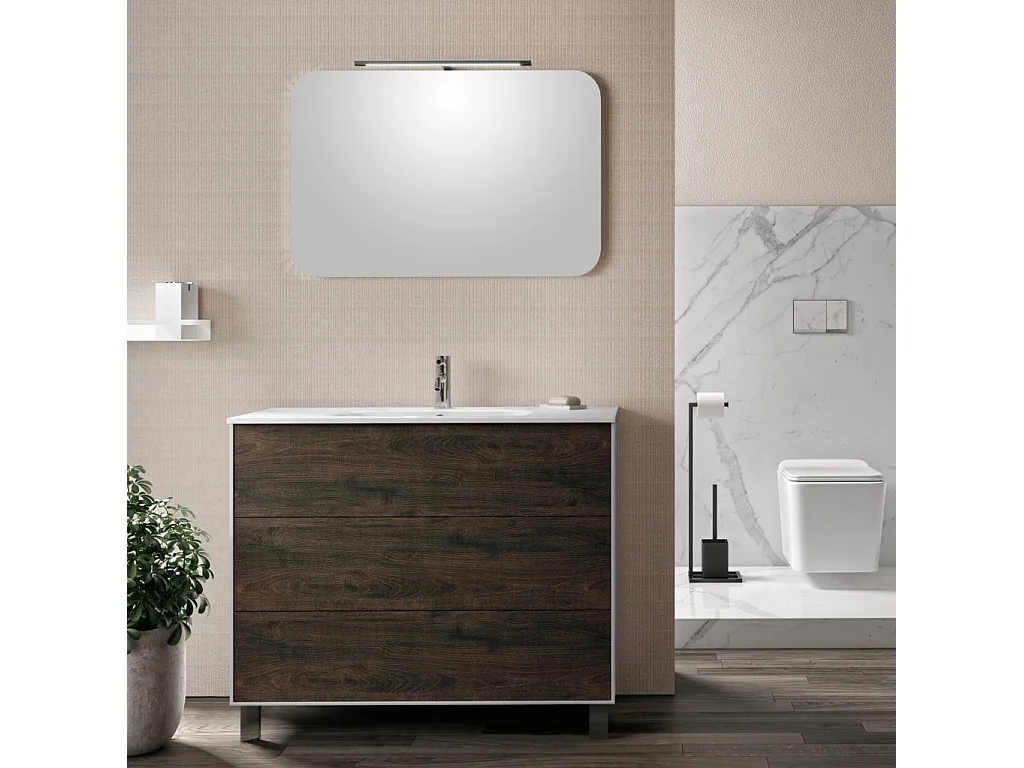 Ensemble meuble de salle de bain 3 tiroirs laqué blanc et marron et miroir à LED Oga L 100cm