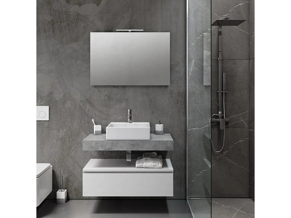 Ensemble meuble de salle de bain 1 tiroir blanc et effet béton et miroir lumineux Kyo L 90cm