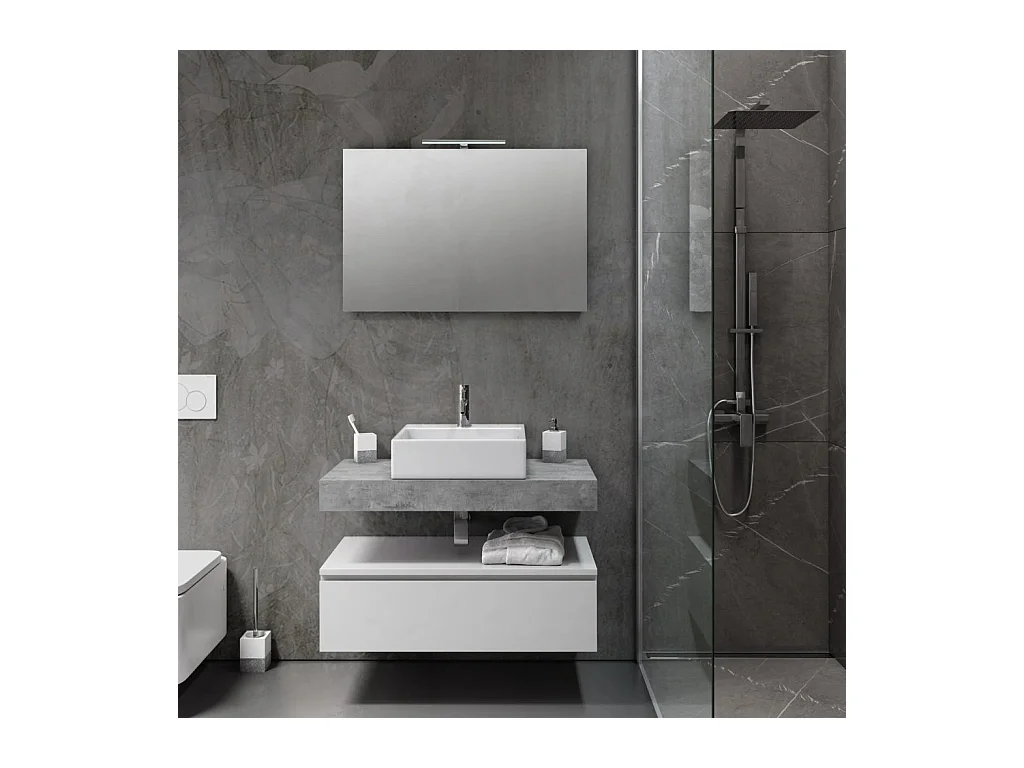 Ensemble meuble de salle de bain 1 tiroir blanc et effet béton et miroir lumineux Kyo L 90cm