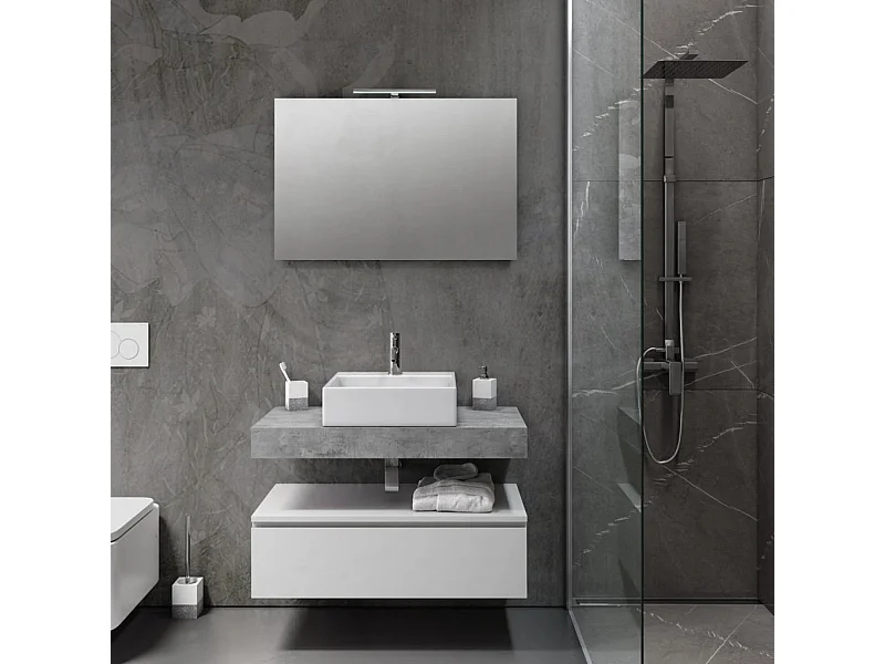 Ensemble meuble de salle de bain 1 tiroir blanc et effet béton et miroir lumineux Kyo L 90cm