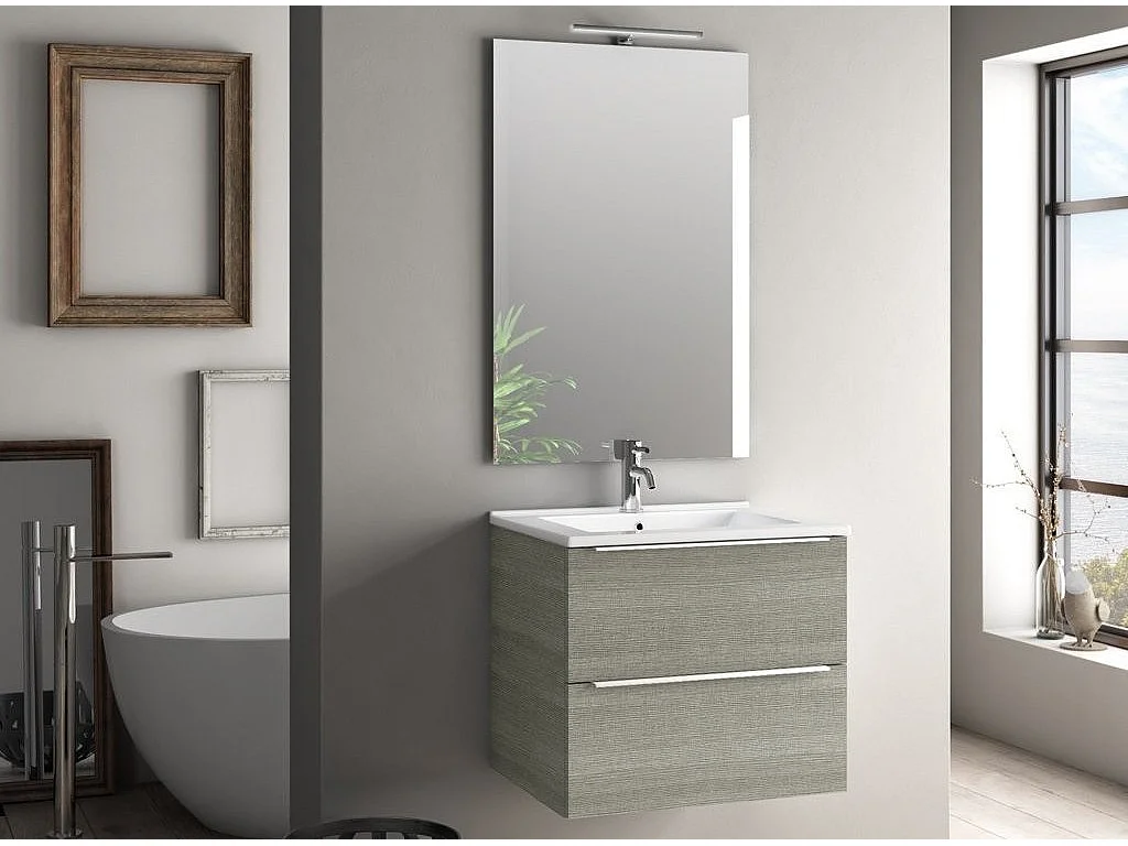 Ensemble meuble de salle de bain 2 tiroirs bois gris et miroir lumineux Malo L 60cm