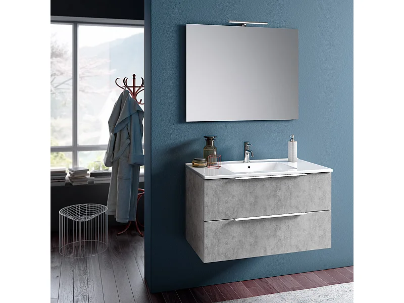 Ensemble meuble de salle de bain 2 tiroirs effet béton et miroir à LED Mola L 90cm