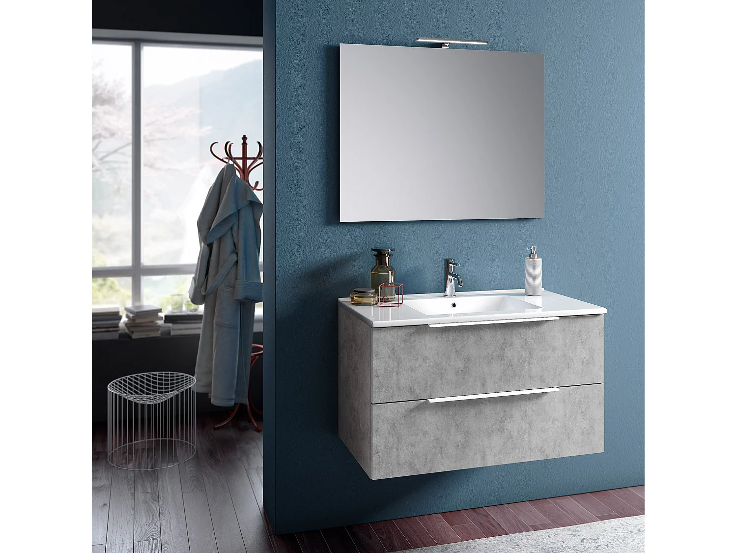 Ensemble meuble de salle de bain 2 tiroirs effet béton et miroir à LED Mola L 90cm