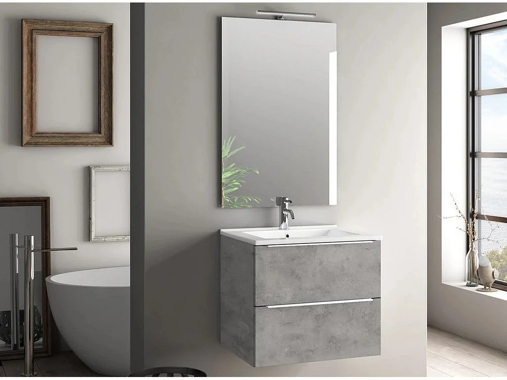Ensemble meuble de salle de bain 2 tiroirs bois effet béton et miroir lumineux Malo L 60cm