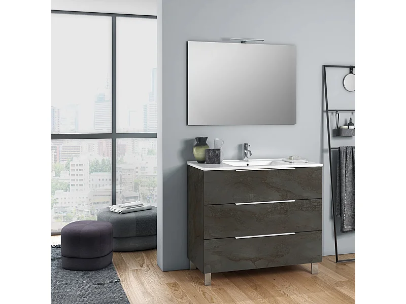 Ensemble meuble de salle de bain 3 tiroirs bois gris oxyde et miroir lumineux Malo L 100cm
