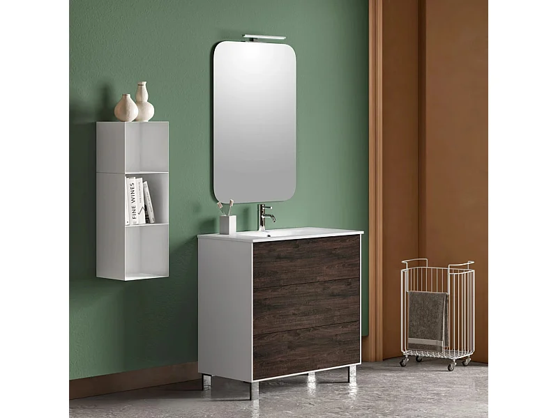 Ensemble meuble de salle de bain 3 tiroirs laqué blanc et marron et miroir lumineux Lago L 80cm