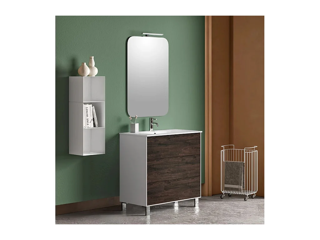Ensemble meuble de salle de bain 3 tiroirs laqué blanc et marron et miroir lumineux Lago L 80cm
