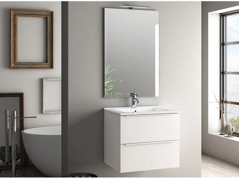Ensemble meuble de salle de bain 2 tiroirs mélaminé blanc et miroir lumineux Malo L 60cm