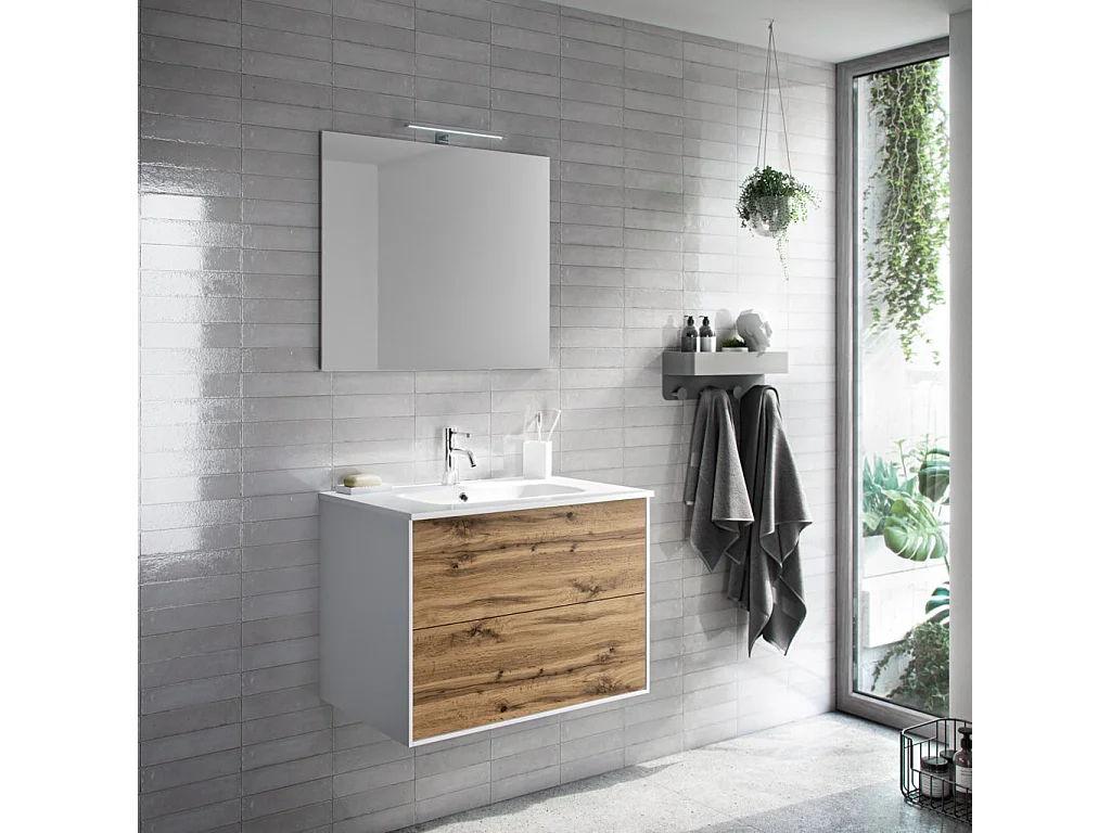 Ensemble meuble de salle de bain 2 tiroirs laqué blanc et chêne et miroir à LED Oga L 70cm