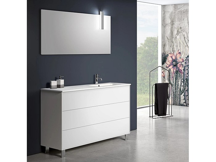Ensemble meuble de salle de bain 3 tiroirs blanc mat et miroir à LED