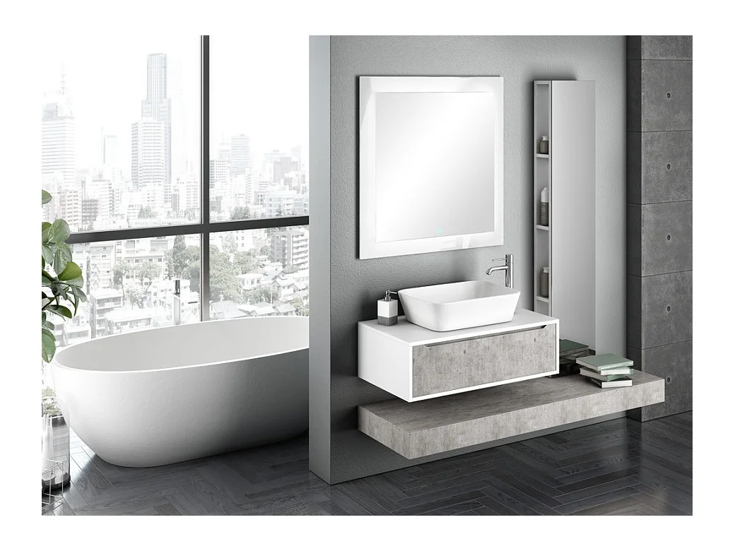 Ensemble meuble de salle de bain blanc et effet béton avec colonne et miroir lumineux Selb L 90cm
