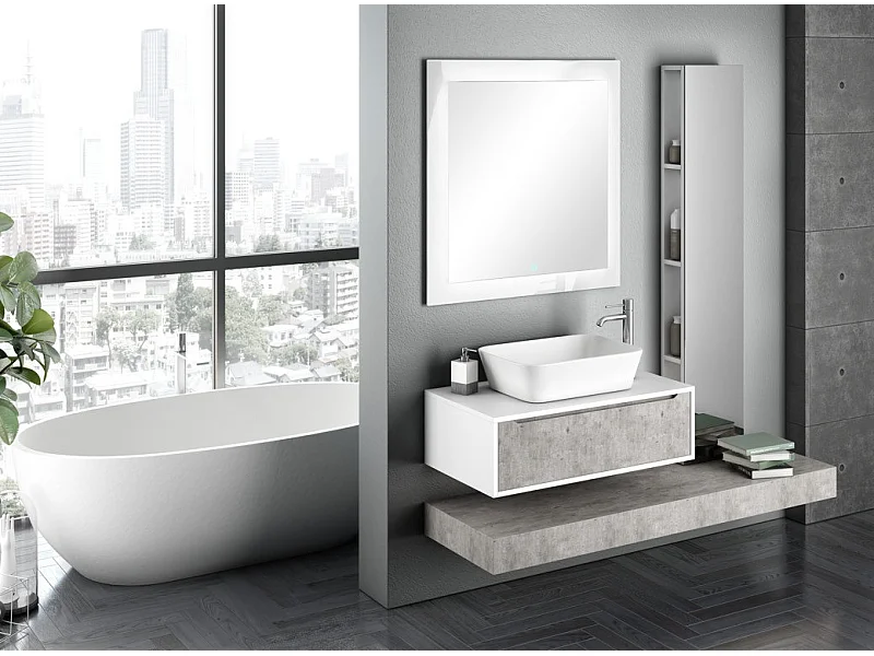 Ensemble meuble de salle de bain blanc et effet béton avec colonne et miroir lumineux Selb L 90cm