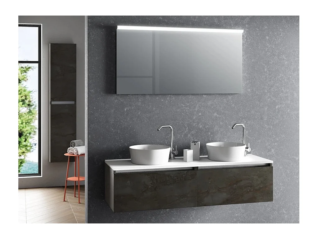 Ensemble meuble de salle de bain gris oxyde 2 tiroirs double vasque et miroir lumineux Teph L 140cm