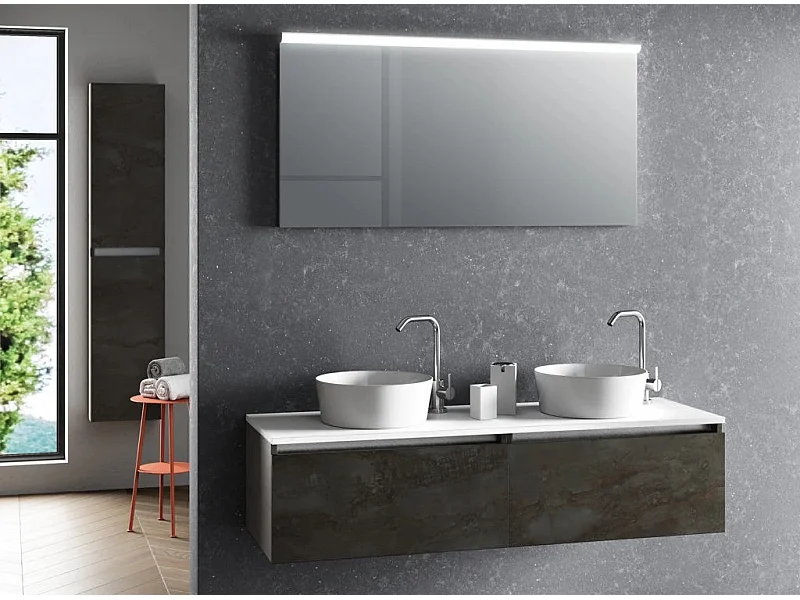 Ensemble meuble de salle de bain gris oxyde 2 tiroirs double vasque et miroir lumineux Teph L 140cm