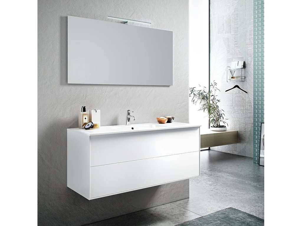Ensemble meuble de salle de bain 2 tiroirs laqué blanc et miroir à LED Lago L 120cm