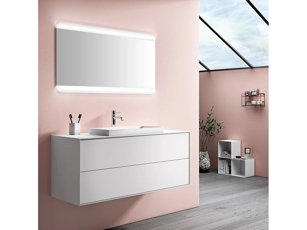 Ensemble meuble de salle de bain 2 tiroirs laqué blanc et miroir lumineux Lago L 120cm 2