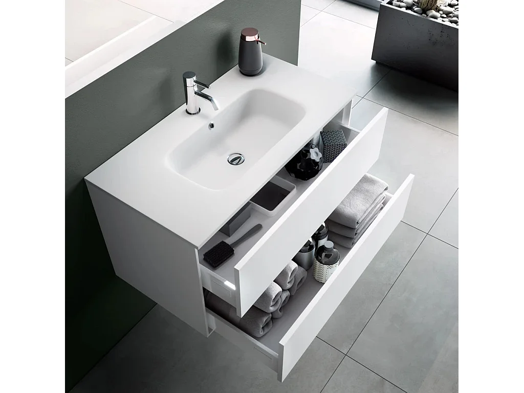 Ensemble meuble de salle de bain 2 tiroirs laqué blanc et miroir lumineux Lago L 120cm 2