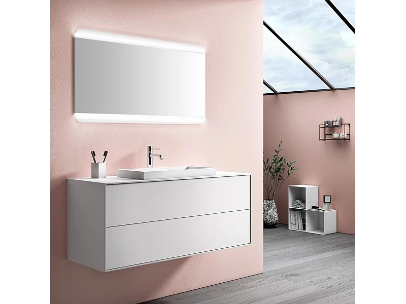 Ensemble meuble de salle de bain 2 tiroirs laqué blanc et miroir lumineux Lago L 120cm 2