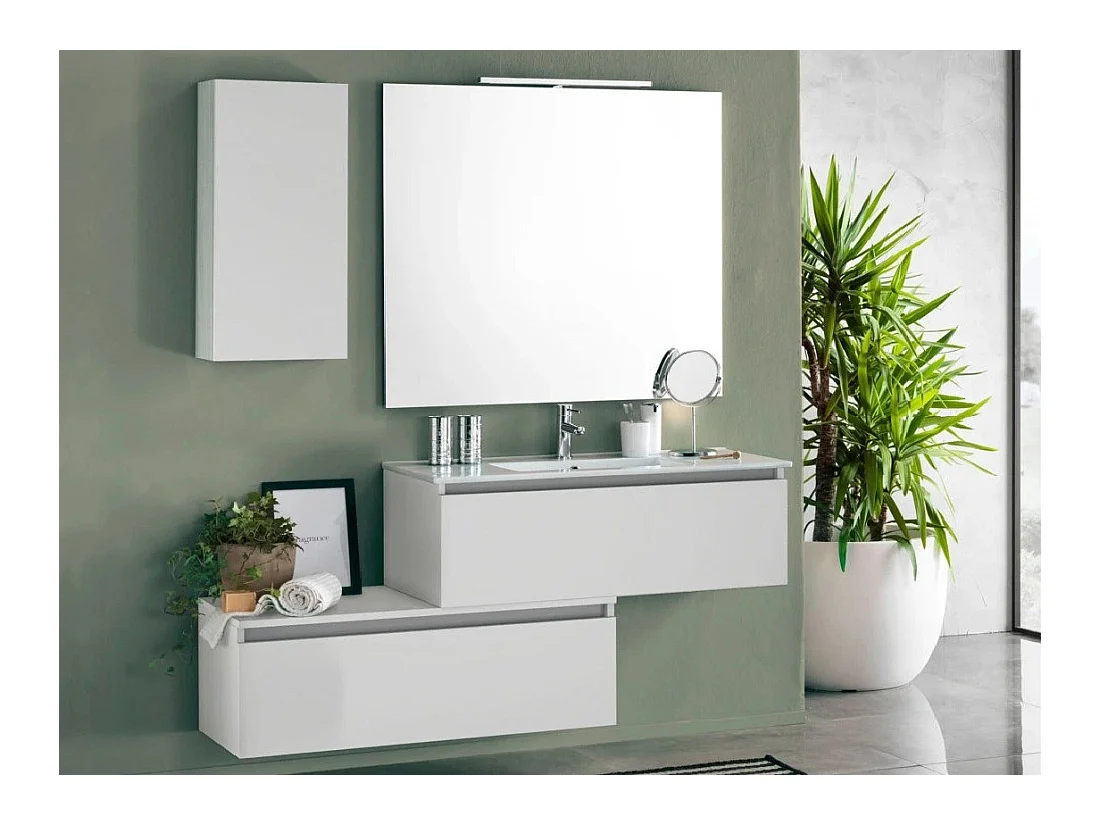 Ensemble meuble de salle de bain 2 tiroirs 1 armoire laqué blanc mat et miroir à LED Teph L 150cm