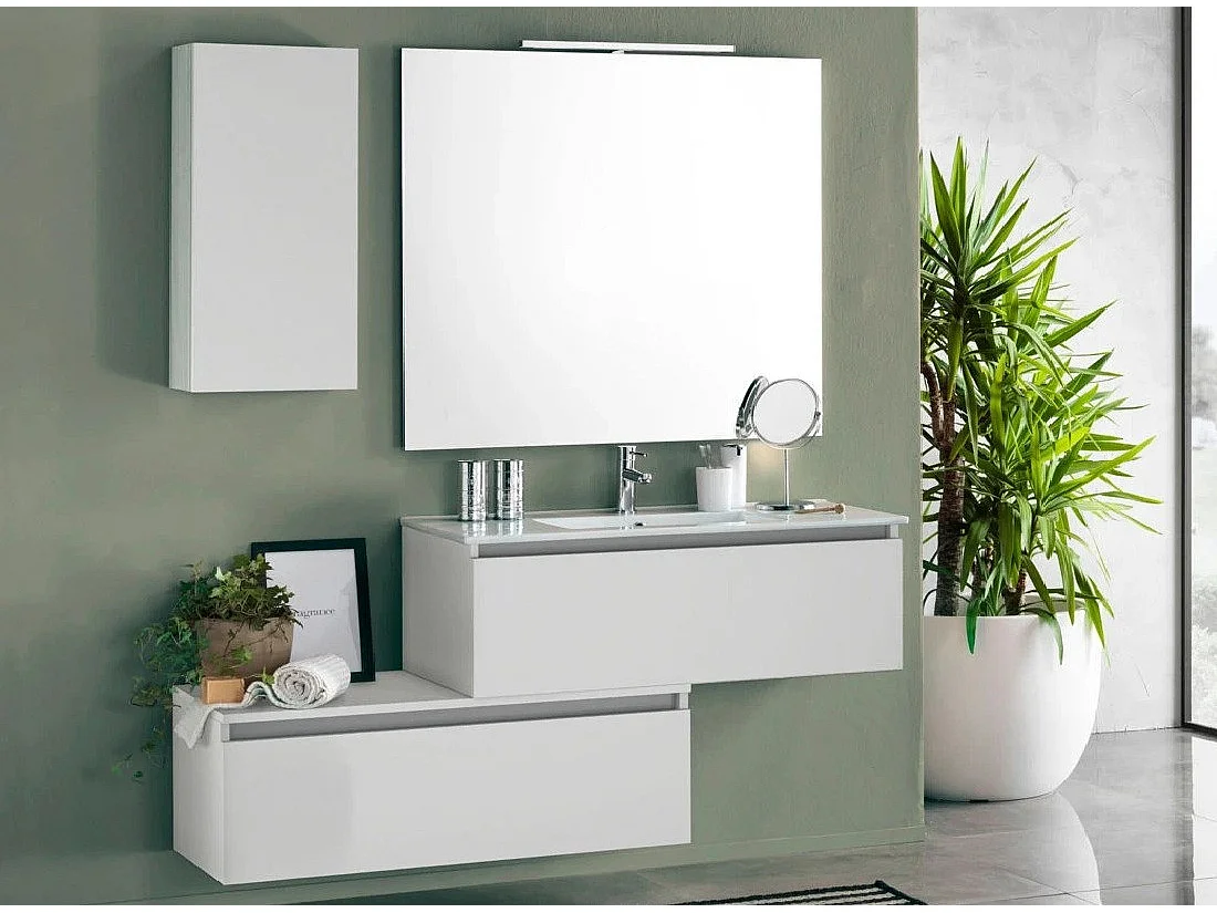 Ensemble meuble de salle de bain 2 tiroirs 1 armoire laqué blanc mat et miroir à LED Teph L 150cm