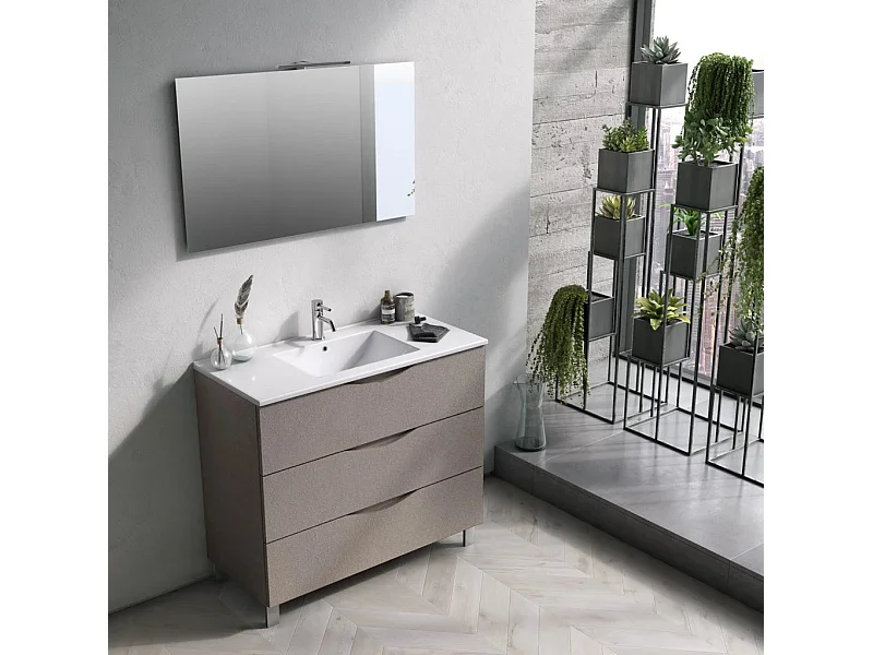 Ensemble meuble de salle de bain 3 tiroirs taupe effet pierre et miroir à LED Olo L 100cm