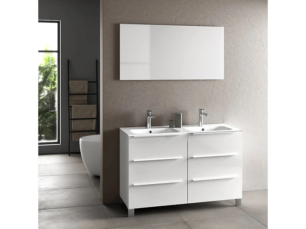 Ensemble meuble de salle de bain 6 tiroirs laqué blanc brillant et miroir Malo L 120cm