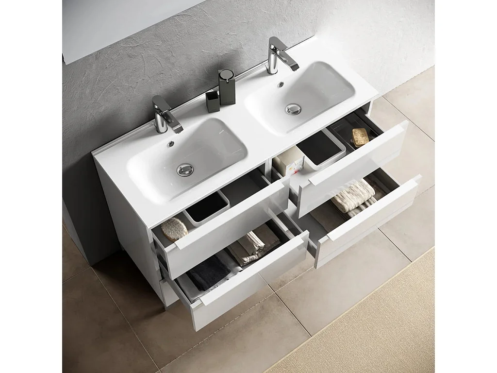 Ensemble meuble de salle de bain 6 tiroirs laqué blanc brillant et miroir Malo L 120cm