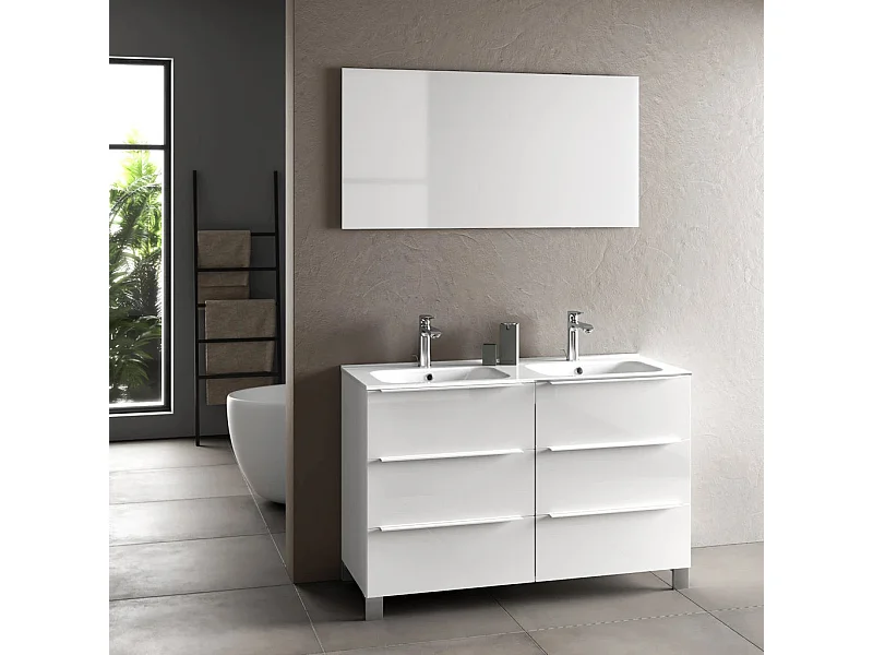 Ensemble meuble de salle de bain 6 tiroirs laqué blanc brillant et miroir Malo L 120cm