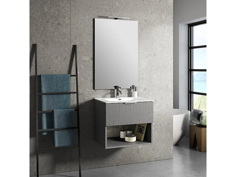 Ensemble meuble de salle de bain 1 tiroir bois gris et miroir lumineux Noe L 60cm