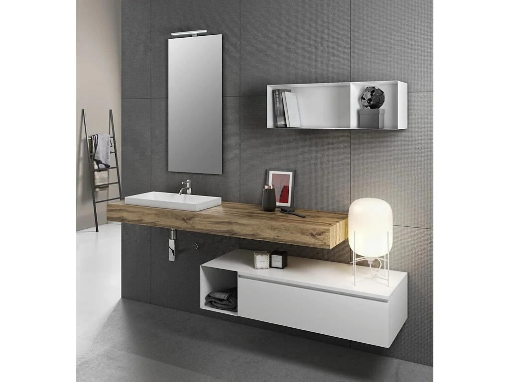 Ensemble meuble de salle de bain chêne clair avec étagère et miroir à LED Kyo L 165cm