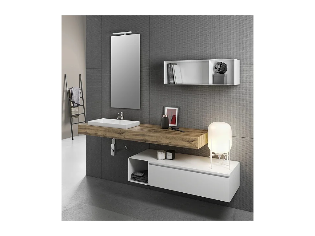 Ensemble meuble de salle de bain chêne clair avec étagère et miroir à LED Kyo L 165cm