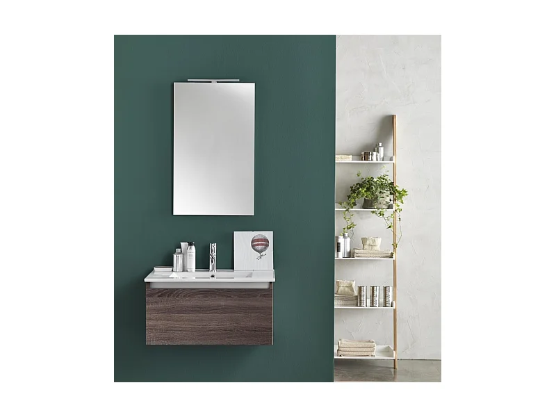 Ensemble meuble de salle de bain 1 tiroir bois foncé et miroir lumineux Teph L 70cm