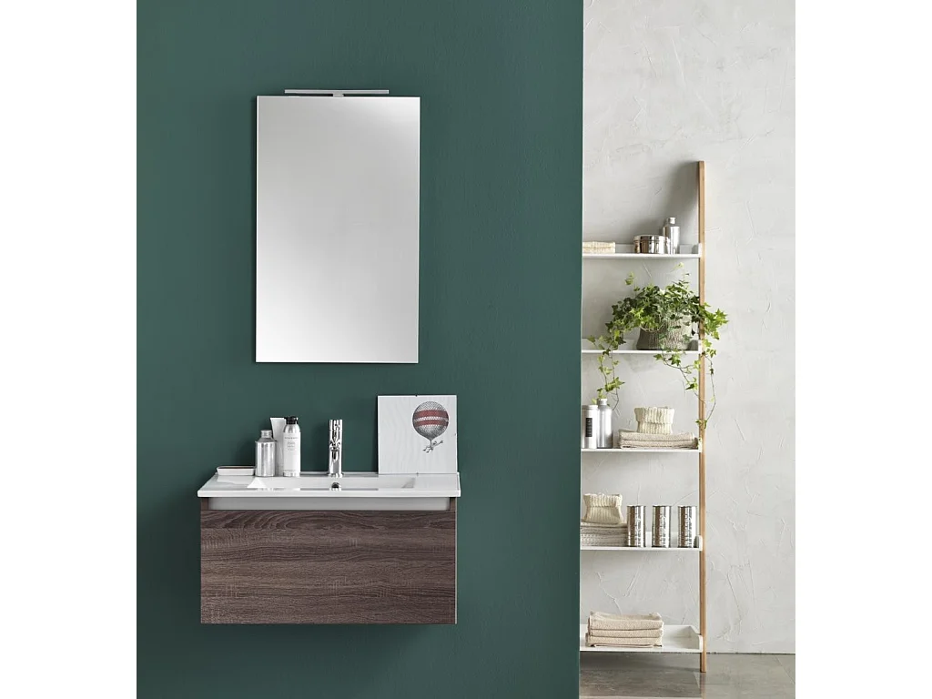 Ensemble meuble de salle de bain 1 tiroir bois foncé et miroir lumineux Teph L 70cm
