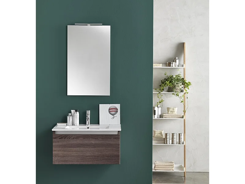 Ensemble meuble de salle de bain 1 tiroir bois foncé et miroir lumineux Teph L 70cm