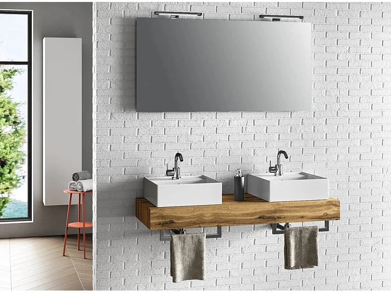 Ensemble meuble de salle de bain chêne clair double vasque et miroir à LED Kyo L 120cm