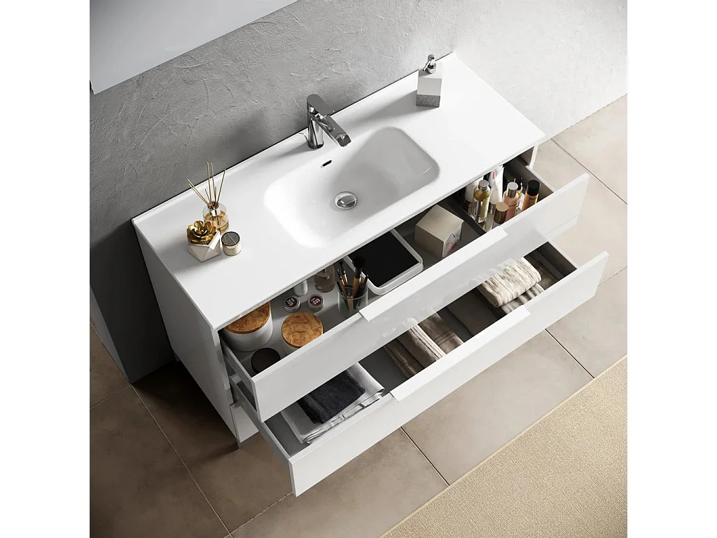 Ensemble meuble de salle de bain 2 tiroirs laqué blanc et miroir à LED Mola L 100cm