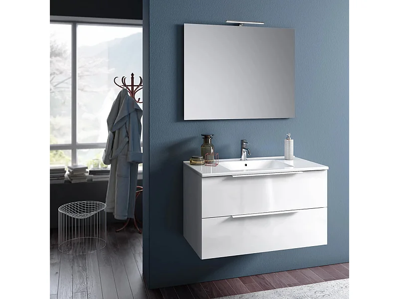 Ensemble meuble de salle de bain 2 tiroirs laqué blanc et miroir à LED Mola L 100cm