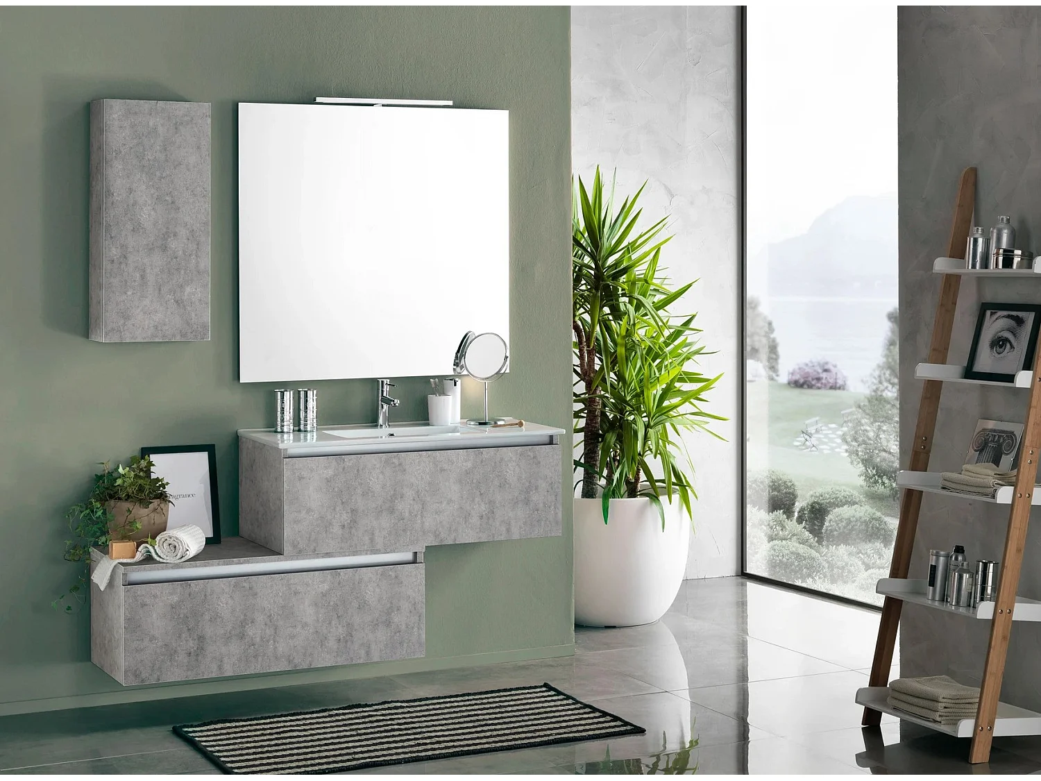 Ensemble meuble de salle de bain 2 tiroirs 1 armoire effet béton mat et miroir à LED Teph L 150cm