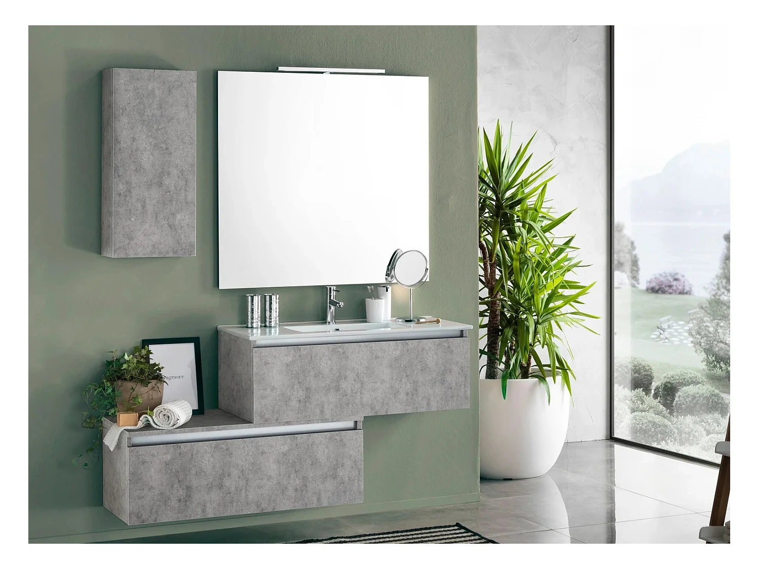 Ensemble meuble de salle de bain 2 tiroirs 1 armoire effet béton mat et miroir à LED Teph L 150cm