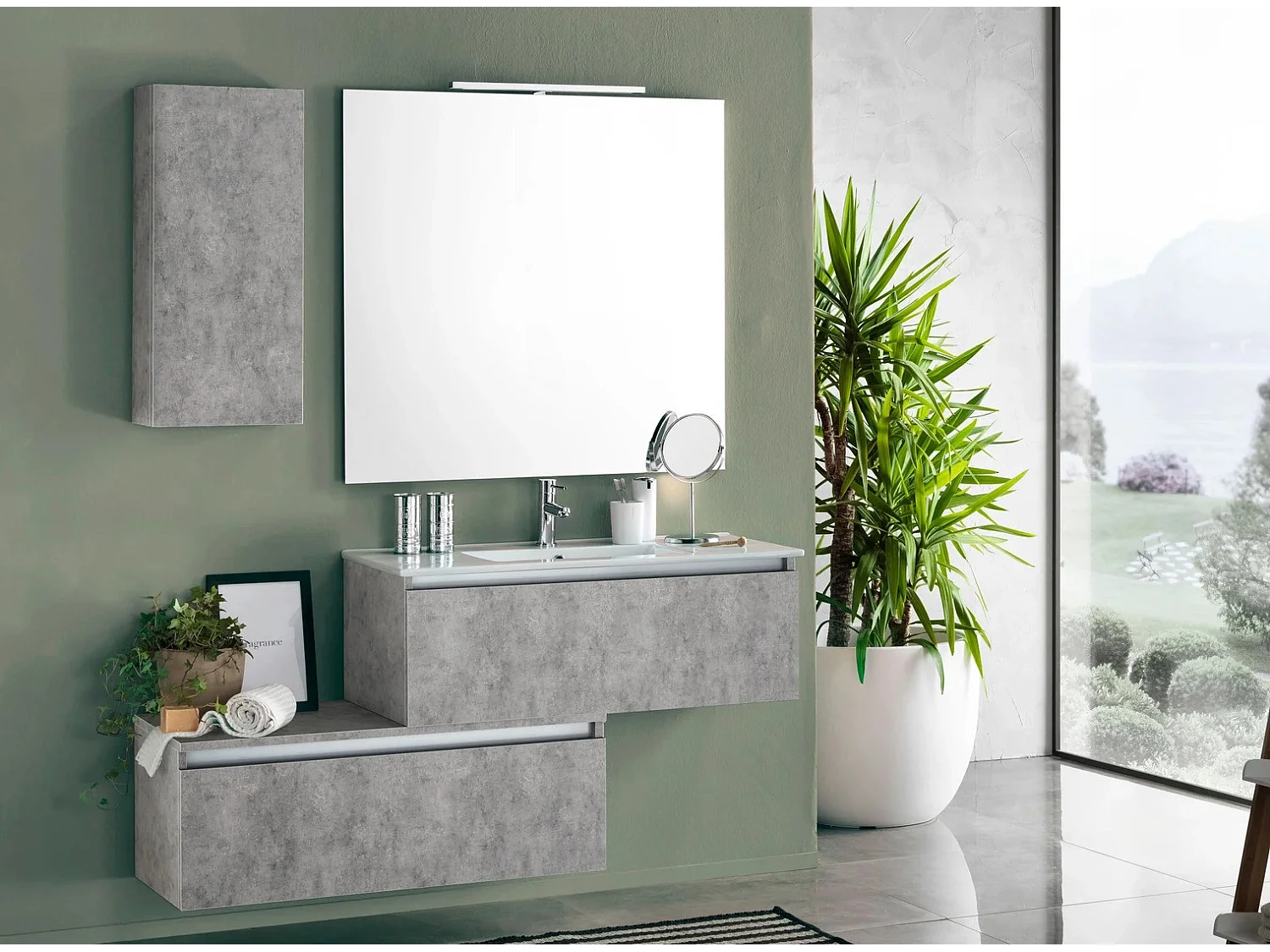 Ensemble meuble de salle de bain 2 tiroirs 1 armoire effet béton mat et miroir à LED Teph L 150cm